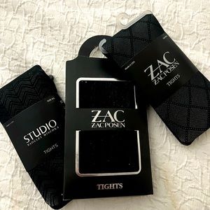 3 pairs of Large Black Patterned Tights. Zac Posen, Badgley Mischka. NWT